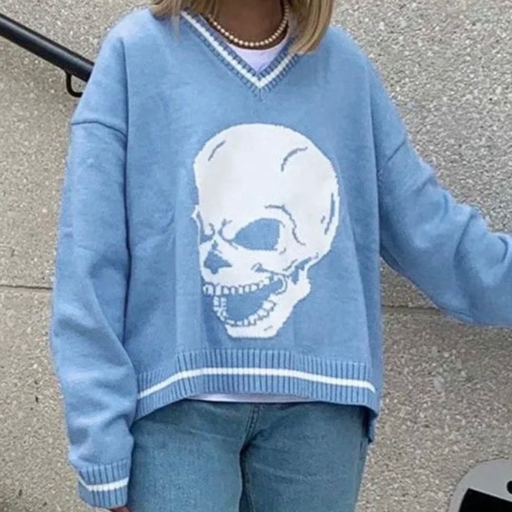 Heaven can wait dupe blue skull sweater oversized
